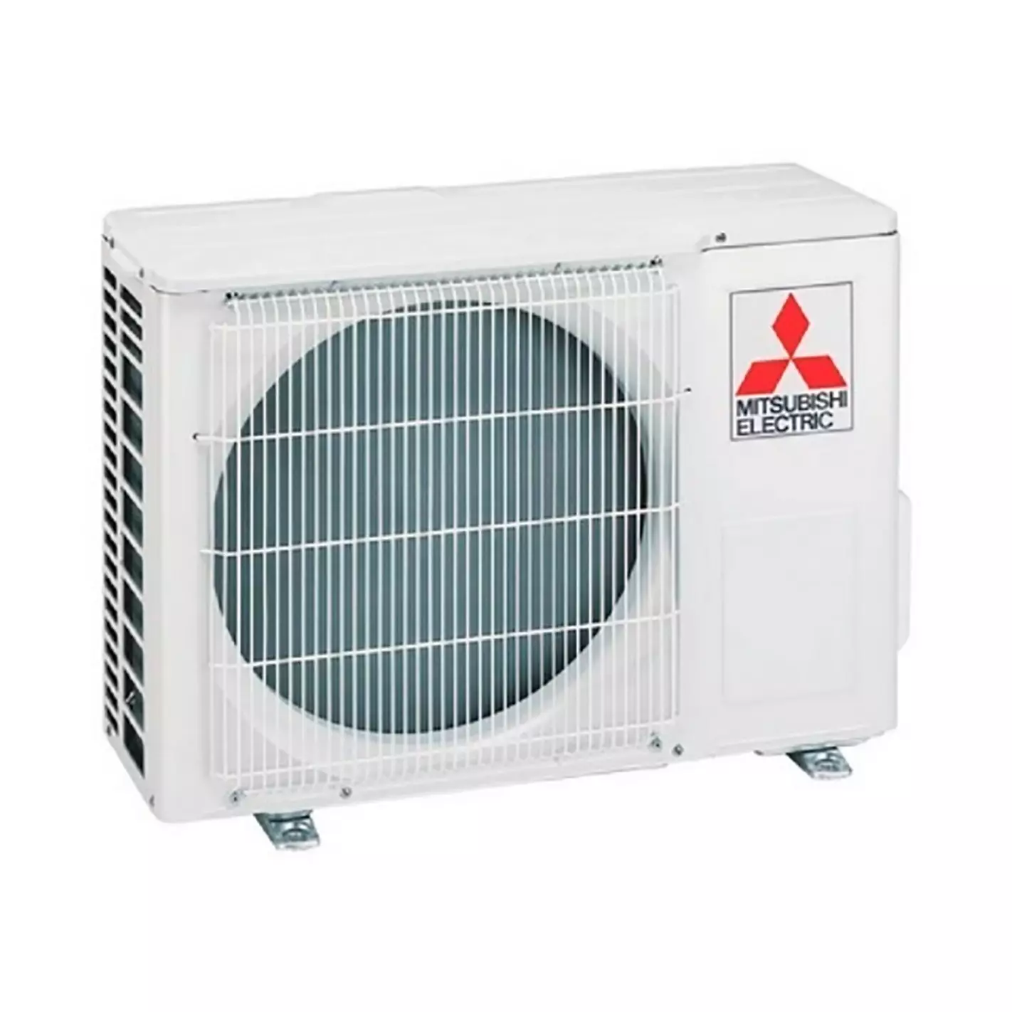 Una unidad de aire acondicionado blanca Mitsubishi Electric. Tiene un ventilador cubierto por una rejilla y un logotipo.