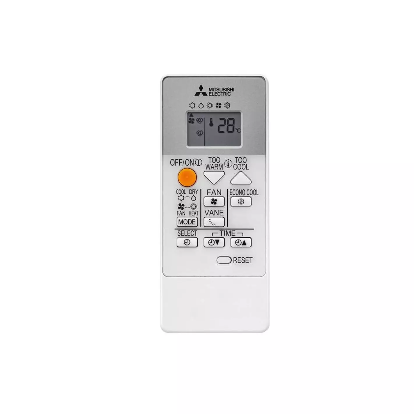 Un telecomando bianco Mitsubishi Electric. Ha pulsanti come ON/OFF, modalità, ventola e ora. Un display mostra la temperatura.