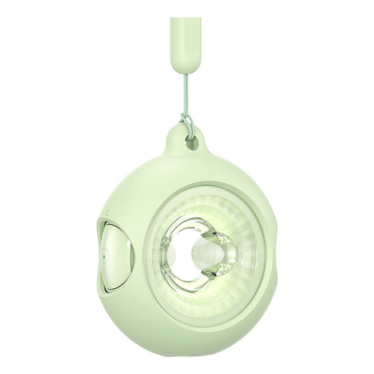 Un dispositivo verde menta en forma de esfera con una lente transparente y circular. Tiene un lazo en la parte superior con una cuerda y un botón pequeño.