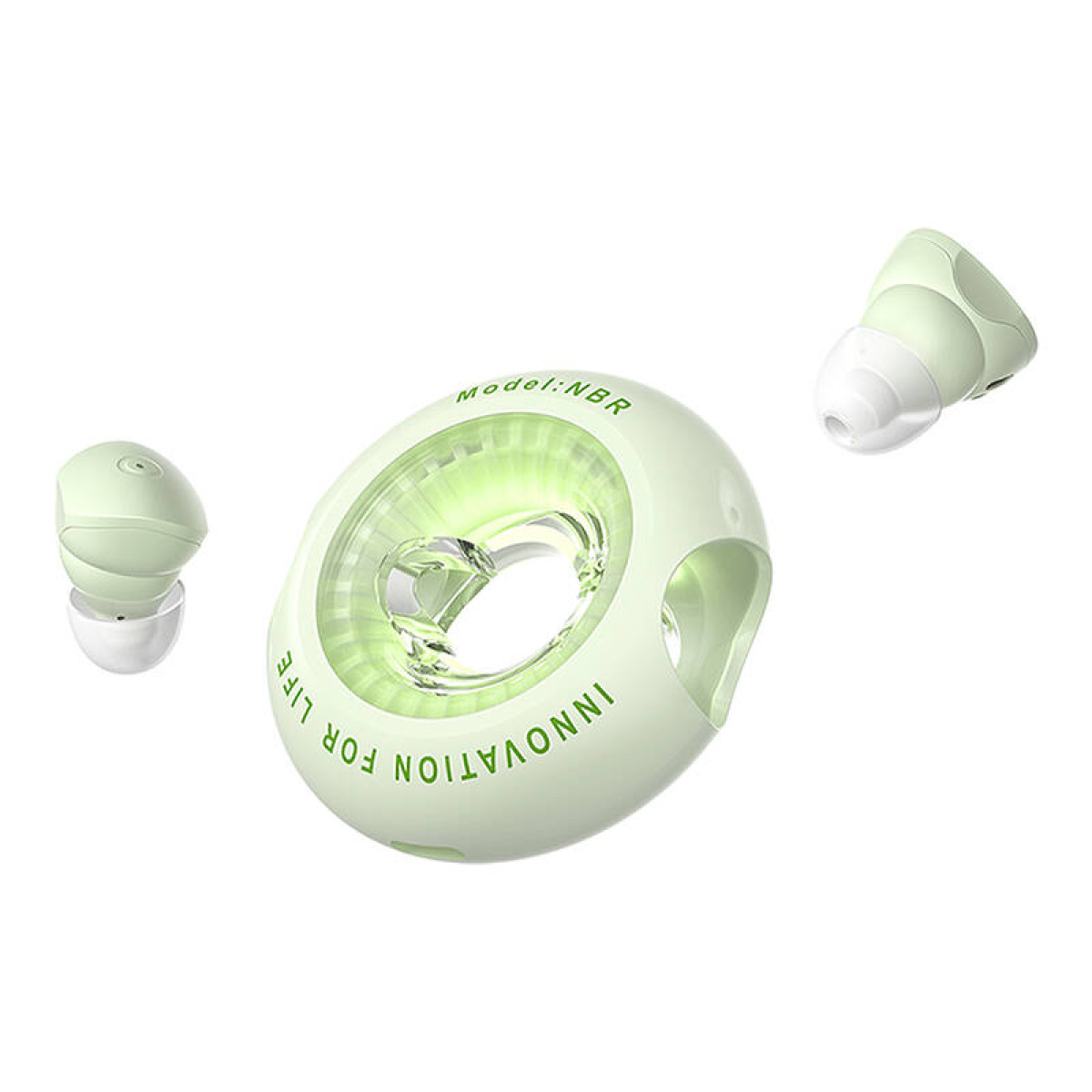 Auriculares y estuche de carga, verde claro. El estuche es redondo con 'Innovation for Life'. Los auriculares están separados.