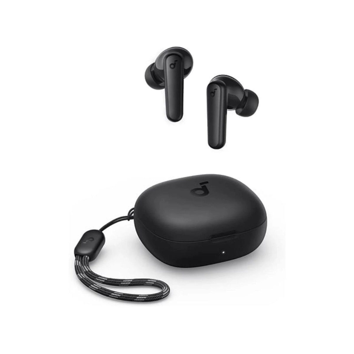 Auricolari wireless neri e custodia di ricarica. Gli auricolari sono in aria. La custodia ha un cinturino. Sfondo bianco.