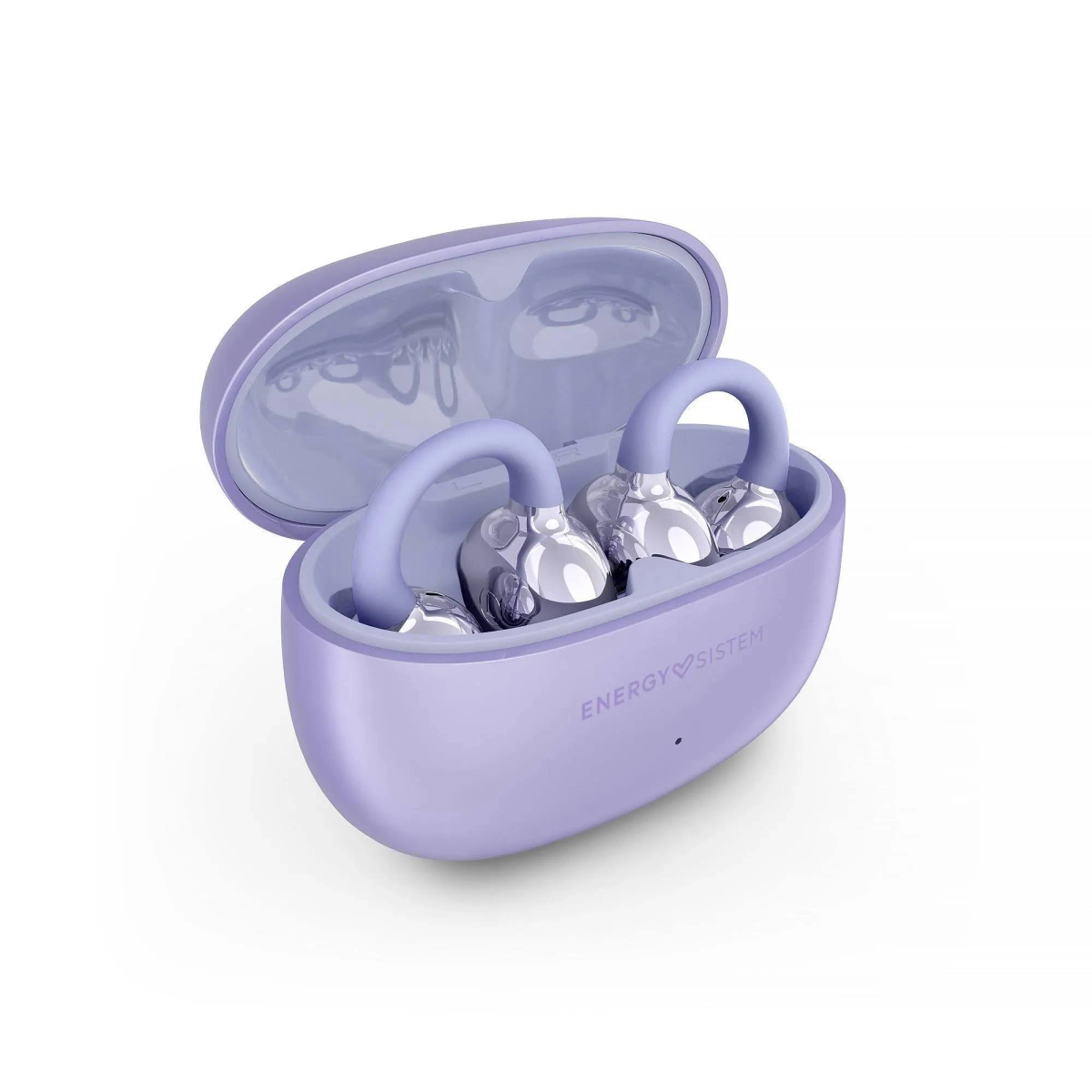 Auriculares inalámbricos morados en un estuche a juego. El estuche está abierto, mostrando los auriculares. La marca es visible.