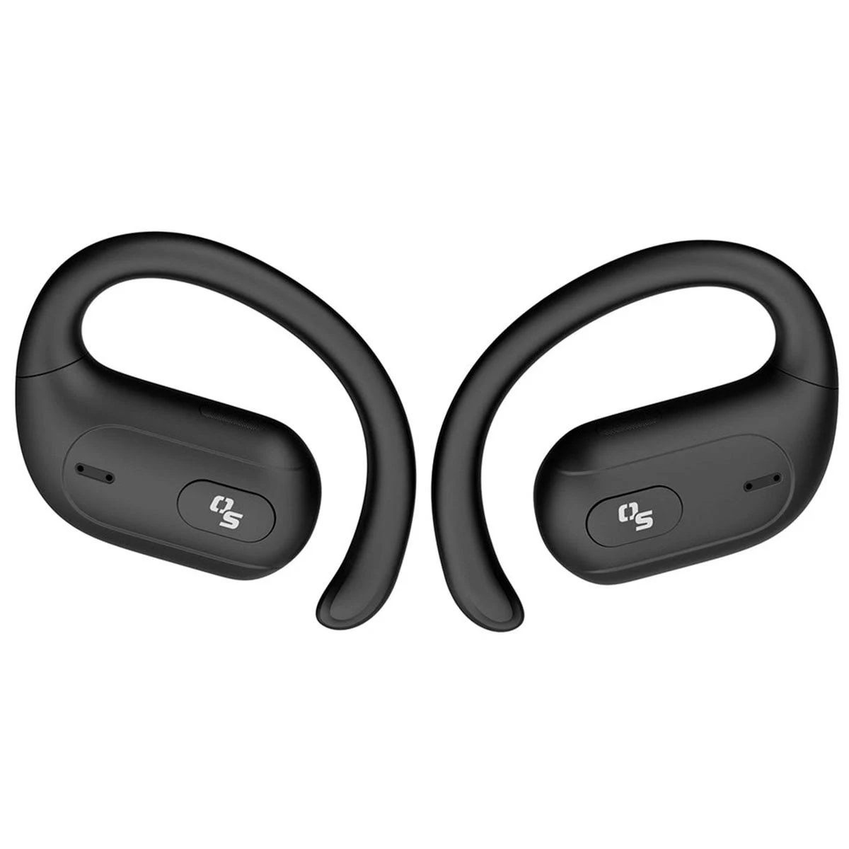 Due auricolari wireless neri con ganci per le orecchie. Ognuno ha un corpo arrotondato con un pulsante e un piccolo foro.