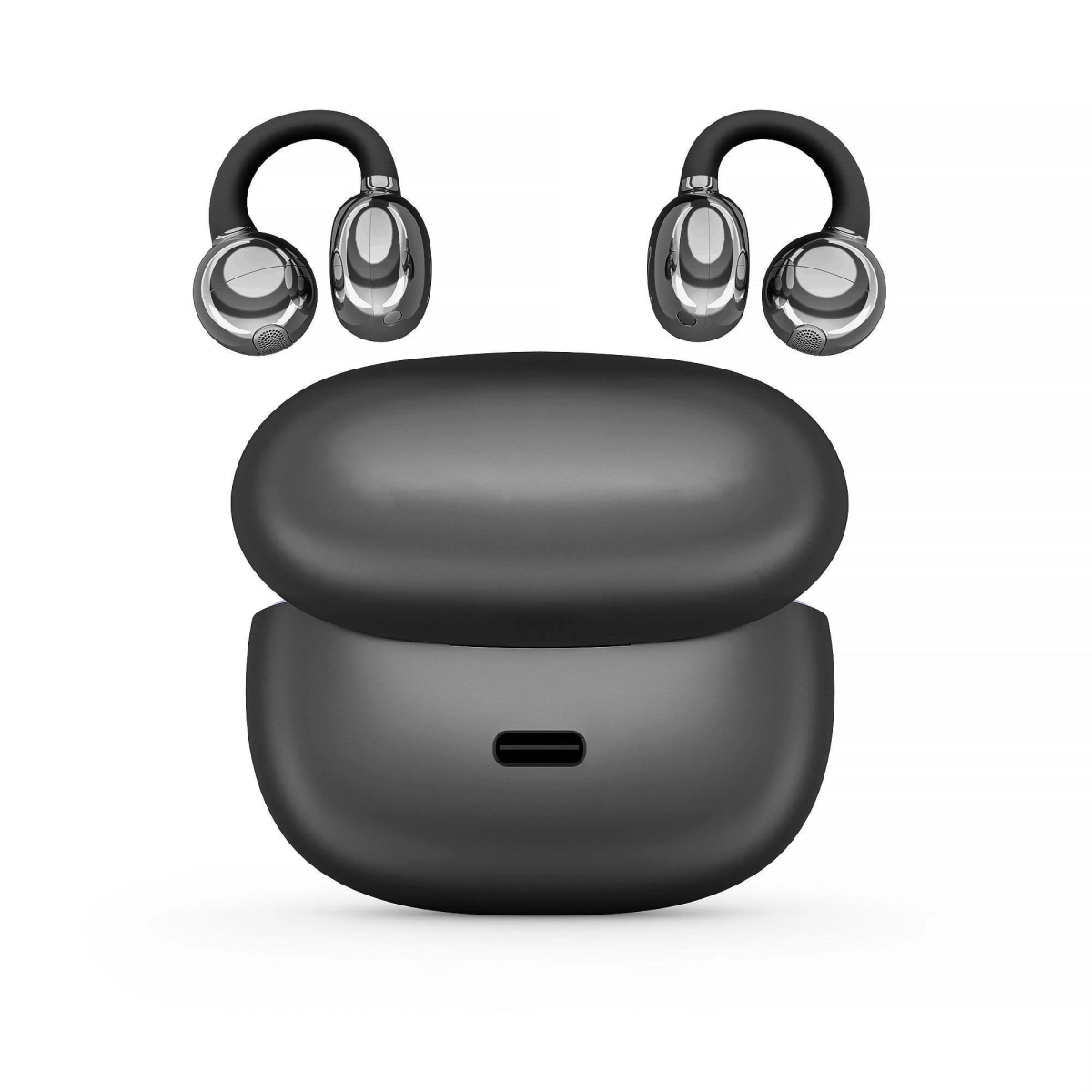 Primer plano de auriculares inalámbricos y su estuche de carga sobre un fondo blanco. Los auriculares son plateados y negros.