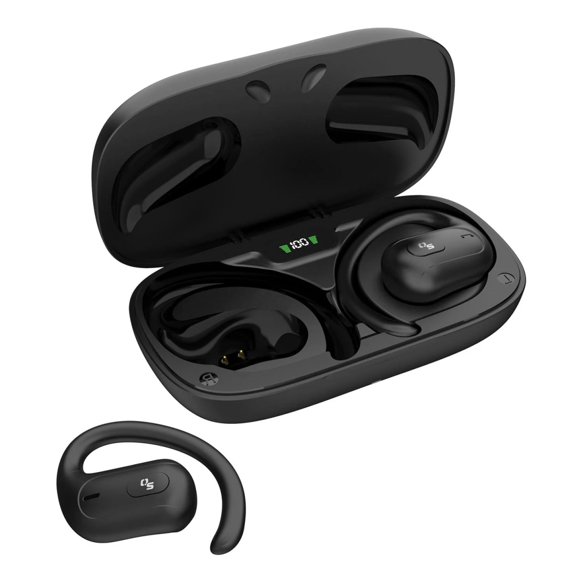 Auricolari wireless neri con custodia di ricarica. La custodia è aperta, mostrando gli auricolari e un display che indica la carica al 100%.