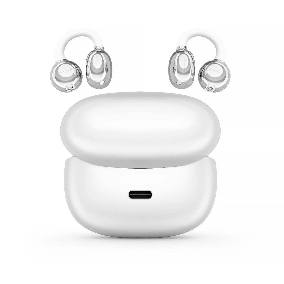 Auriculares inalámbricos blancos con estuche de carga. Los auriculares son de estilo sobre la oreja. El estuche es ovalado, con puerto.