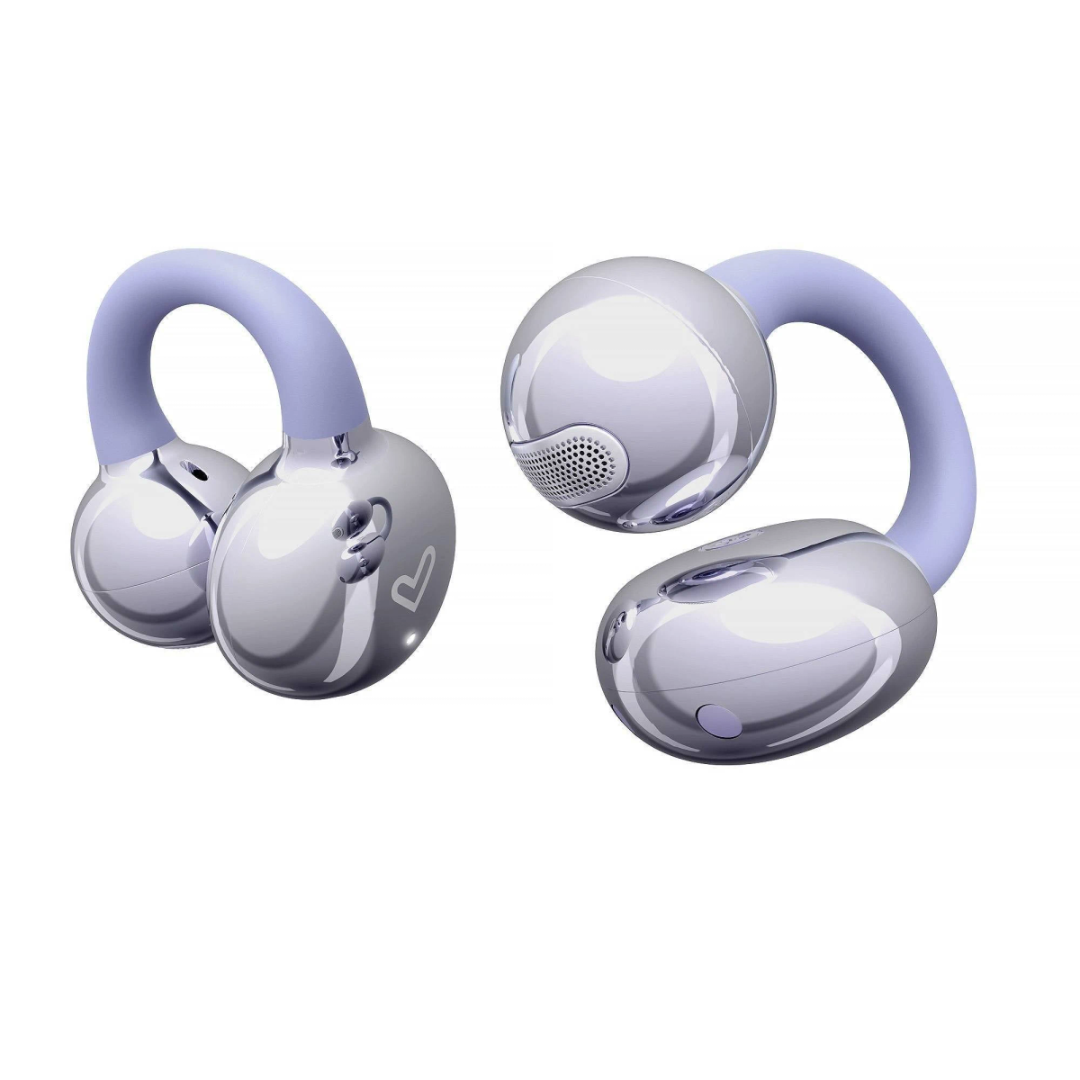 Auriculares plateados con arcos de color púrpura claro. Cada auricular es una esfera plateada. Un auricular tiene un símbolo de corazón.