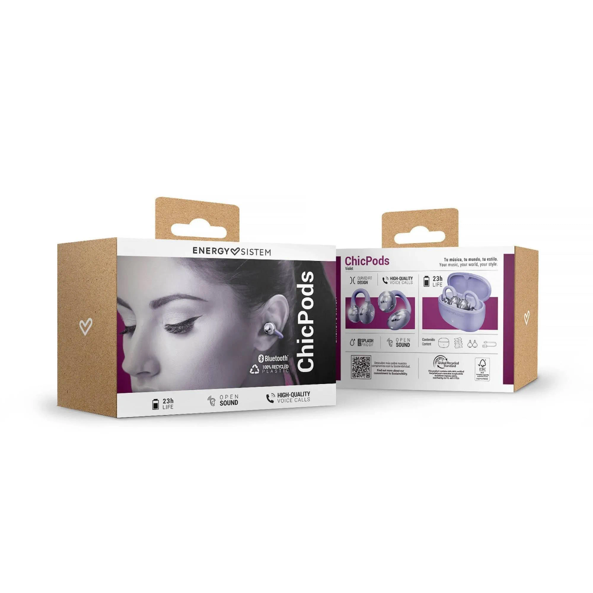 Caja de cartón con auriculares ChicPods. Hay una mujer en la caja. El texto incluye Bluetooth y 23h de duración. Producto de sonido abierto.
