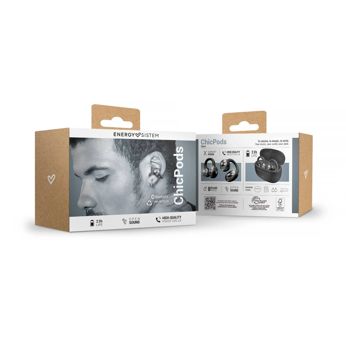 Una caja de auriculares ChicPods. La caja tiene una imagen de una persona con un auricular. Texto: 'Bluetooth', '23h de duración'.