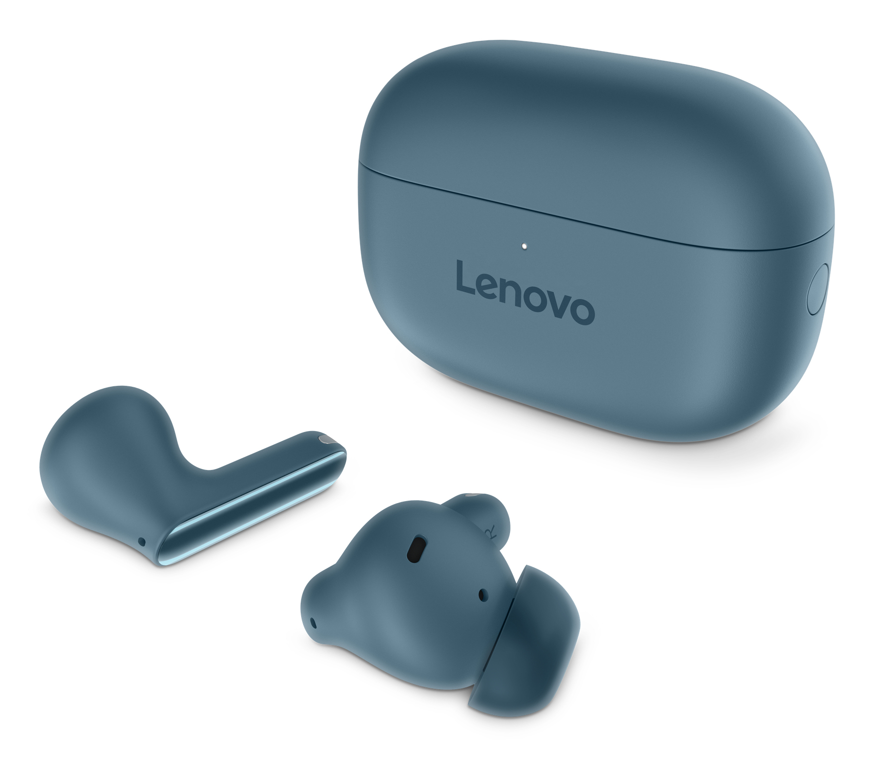 Auriculares Lenovo azules con estuche. Dos auriculares separados. Estuche con logo Lenovo.
