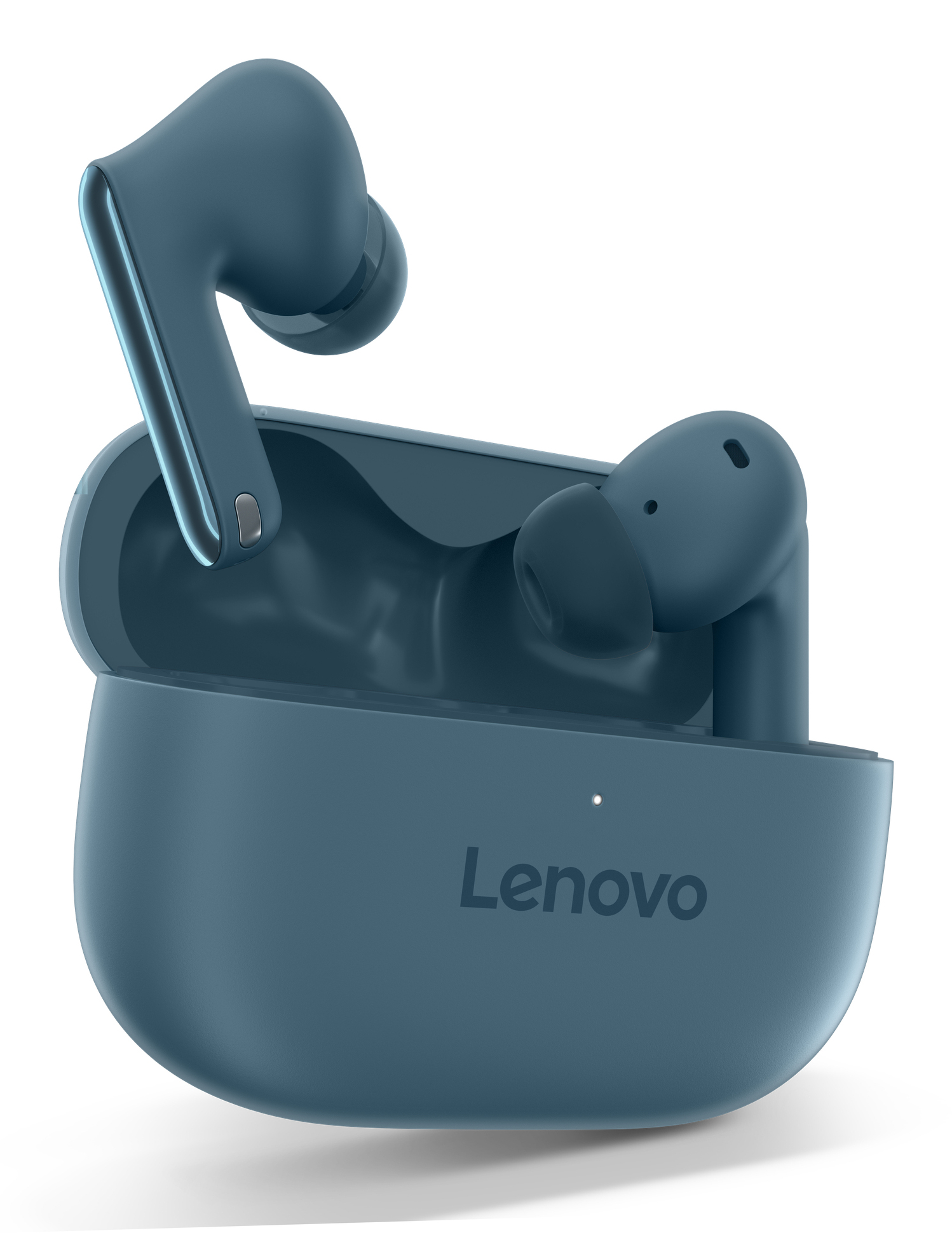 Auriculares Lenovo turquesas en un estuche abierto. El estuche y los auriculares son turquesas. Lenovo está impreso en el estuche.