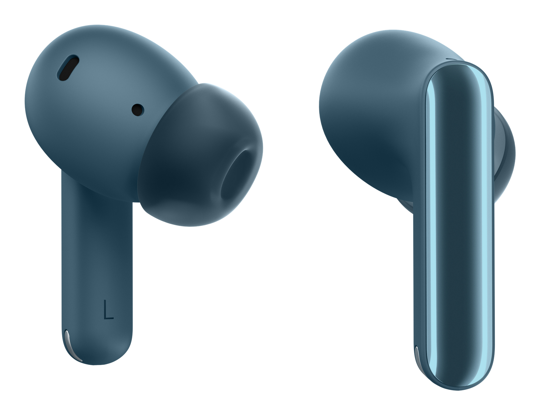 Dos auriculares inalámbricos de color verde azulado sobre un fondo blanco. Uno muestra una 'L'. Cada uno tiene un cuerpo redondeado y un tallo.