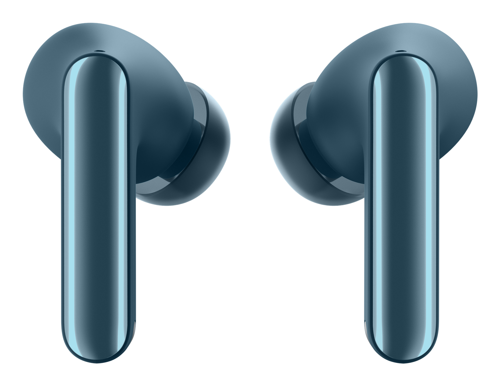 Dos auriculares inalámbricos de color verde azulado, cada uno con un tallo largo, aislados sobre un fondo blanco. El diseño es elegante.