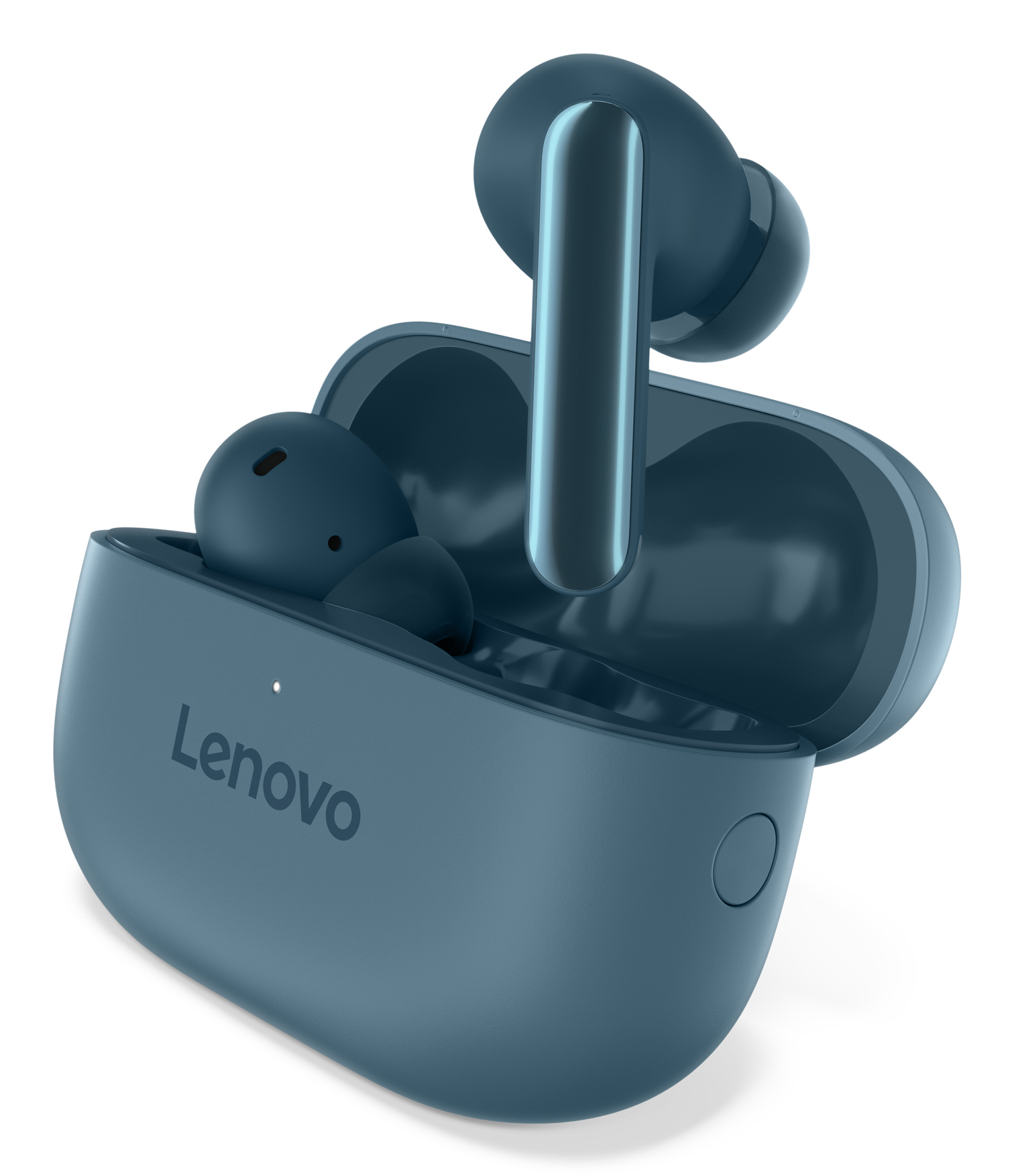 Auriculares Lenovo azules en un estuche abierto. Dos auriculares están fuera del estuche. El estuche tiene el logotipo de Lenovo.