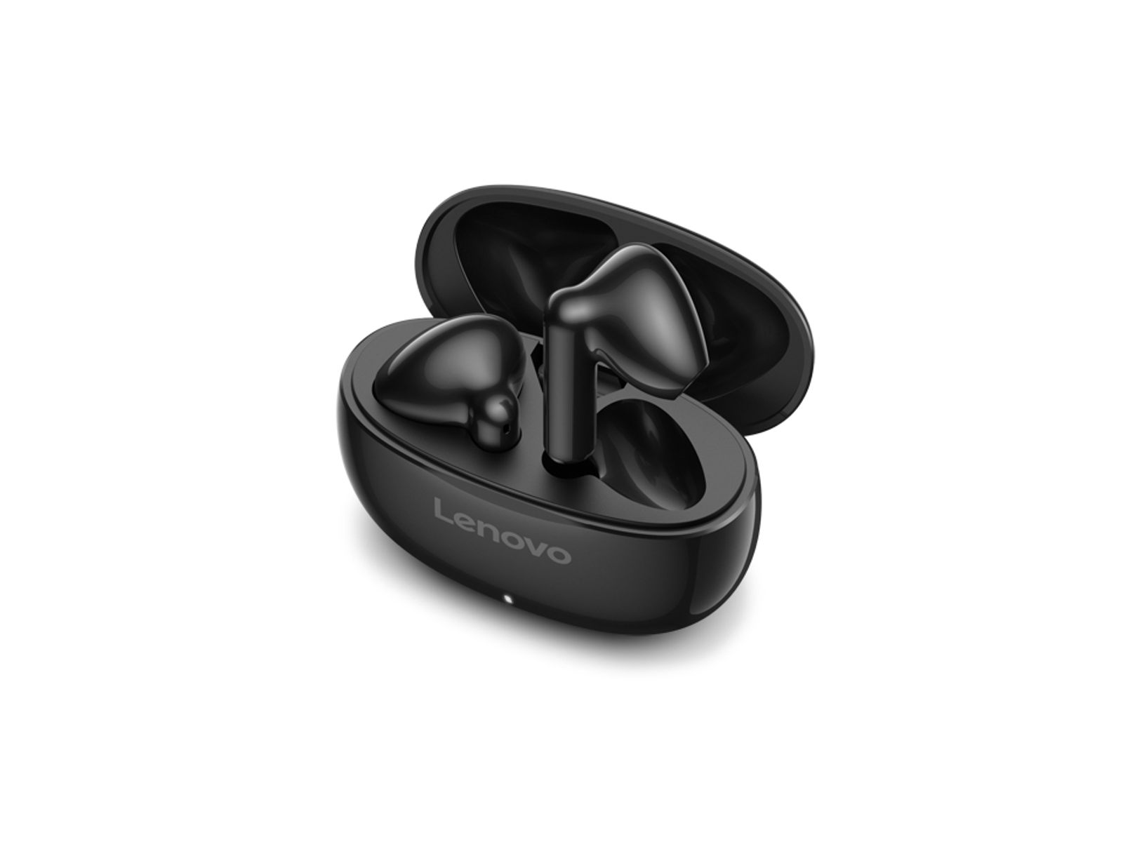 Czarne słuchawki Lenovo w otwartym etui ładującym. Etui i słuchawki znajdują się na białym tle.