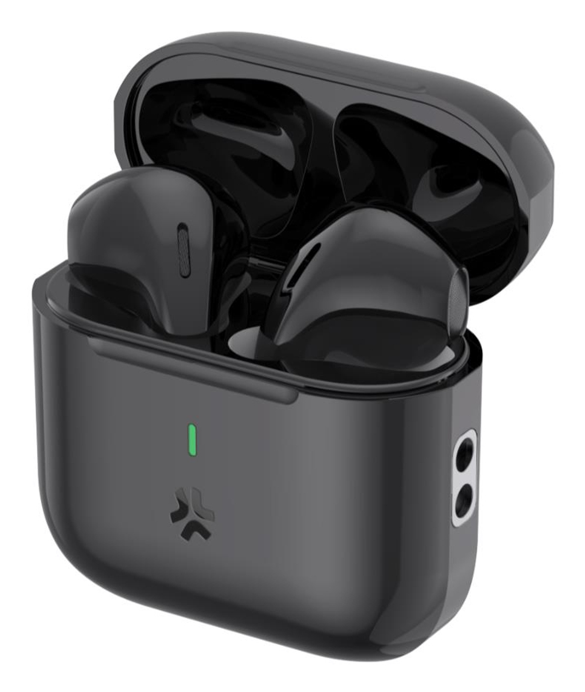Auricolari wireless neri in una custodia di ricarica aperta. La custodia e gli auricolari sono lucidi. Una luce verde è sulla custodia.