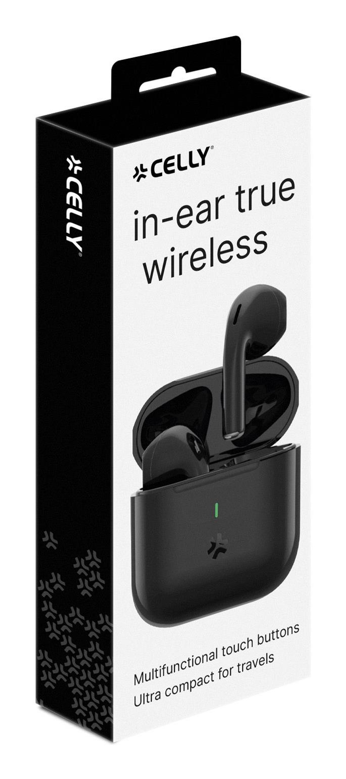 Auricolari wireless Celly neri in-ear su una scatola bianca. Il testo recita 'in-ear true wireless' e 'Pulsanti touch multifunzionali'.