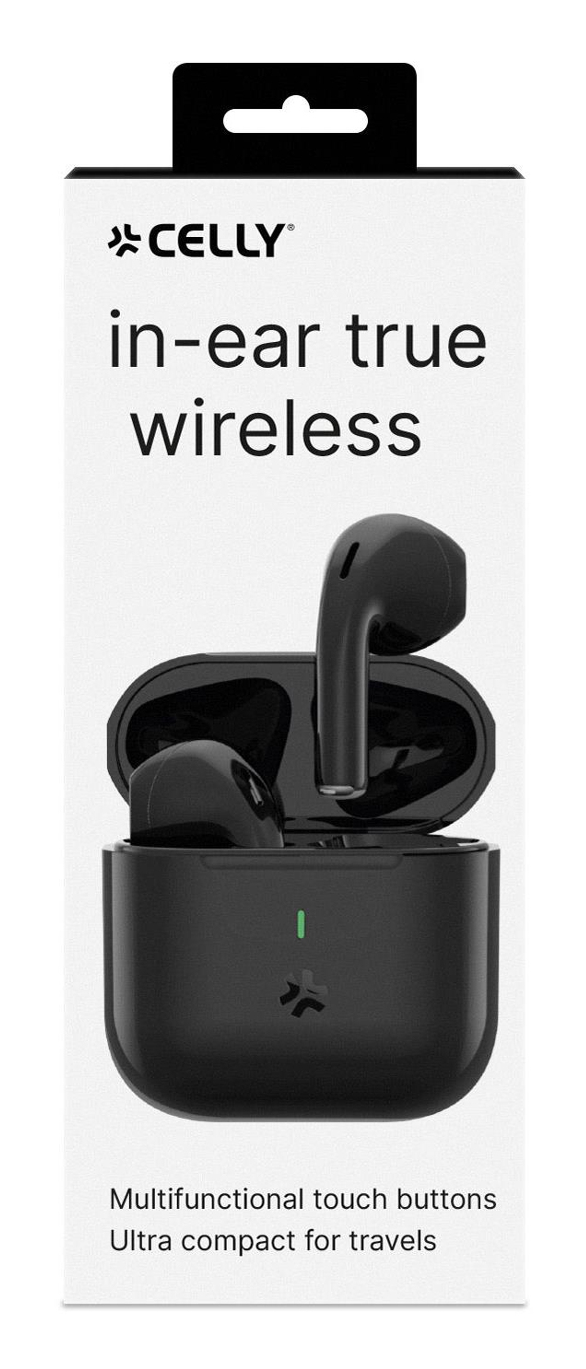 Auricolari wireless Celly neri su sfondo bianco. La scatola dice 'Tasti touch multifunzionali e ultra compatti per i viaggi'.