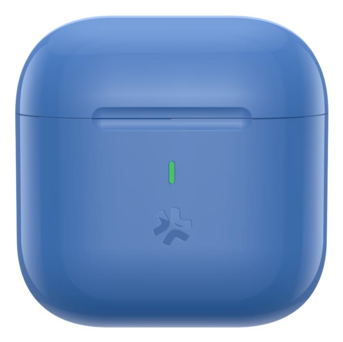 Un astuccio di ricarica blu con una luce verde e un logo. Ha angoli arrotondati e una superficie liscia.