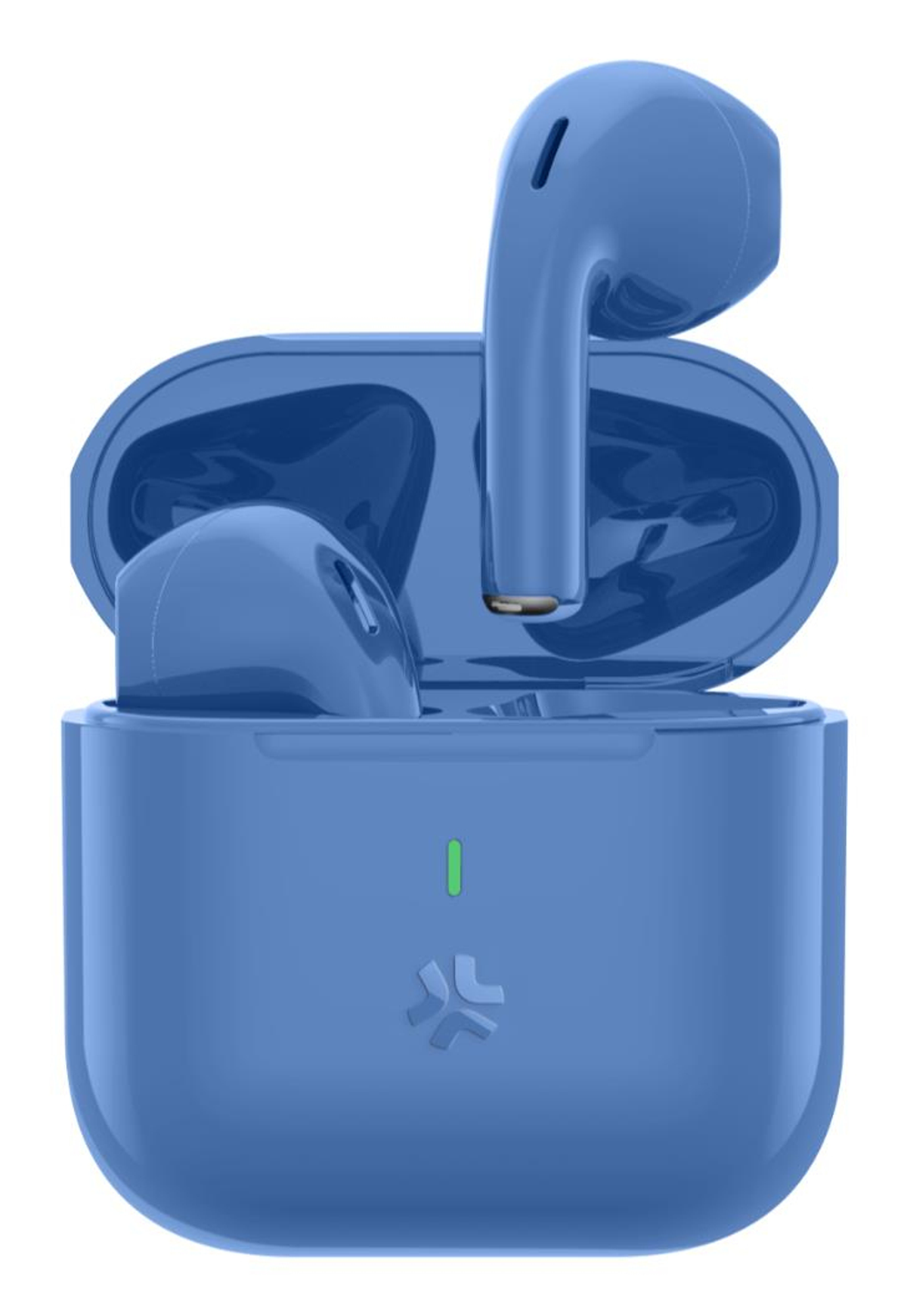 Auricolari wireless e custodia di ricarica blu. Un auricolare è fuori dalla custodia. Una luce verde è sulla custodia.