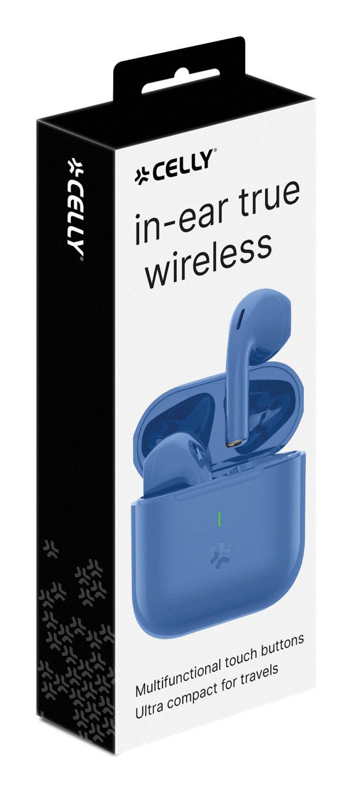 Una scatola di auricolari true wireless Celly in-ear blu. La scatola è bianca con dettagli e testo neri.