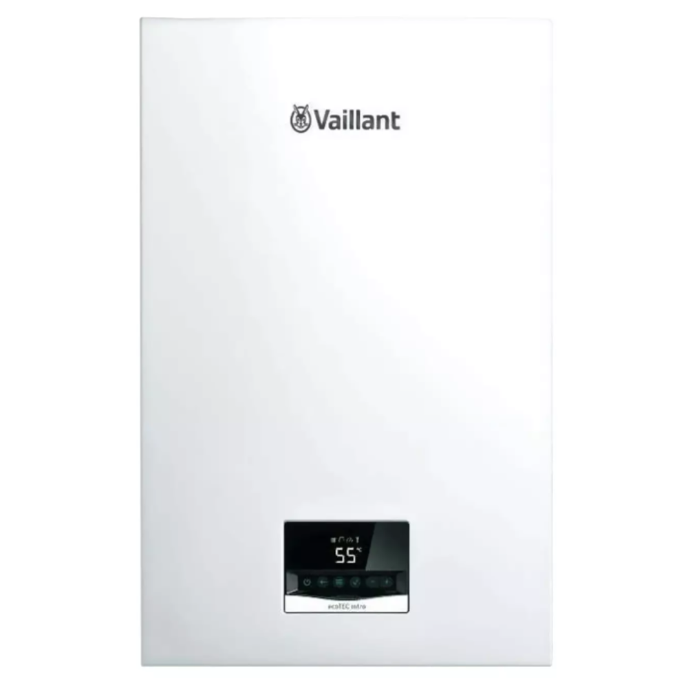 Una caldera Vaillant ecotec intro blanca montada en la pared. Tiene una pantalla digital que muestra 55 grados. El logo de Vaillant está arriba.