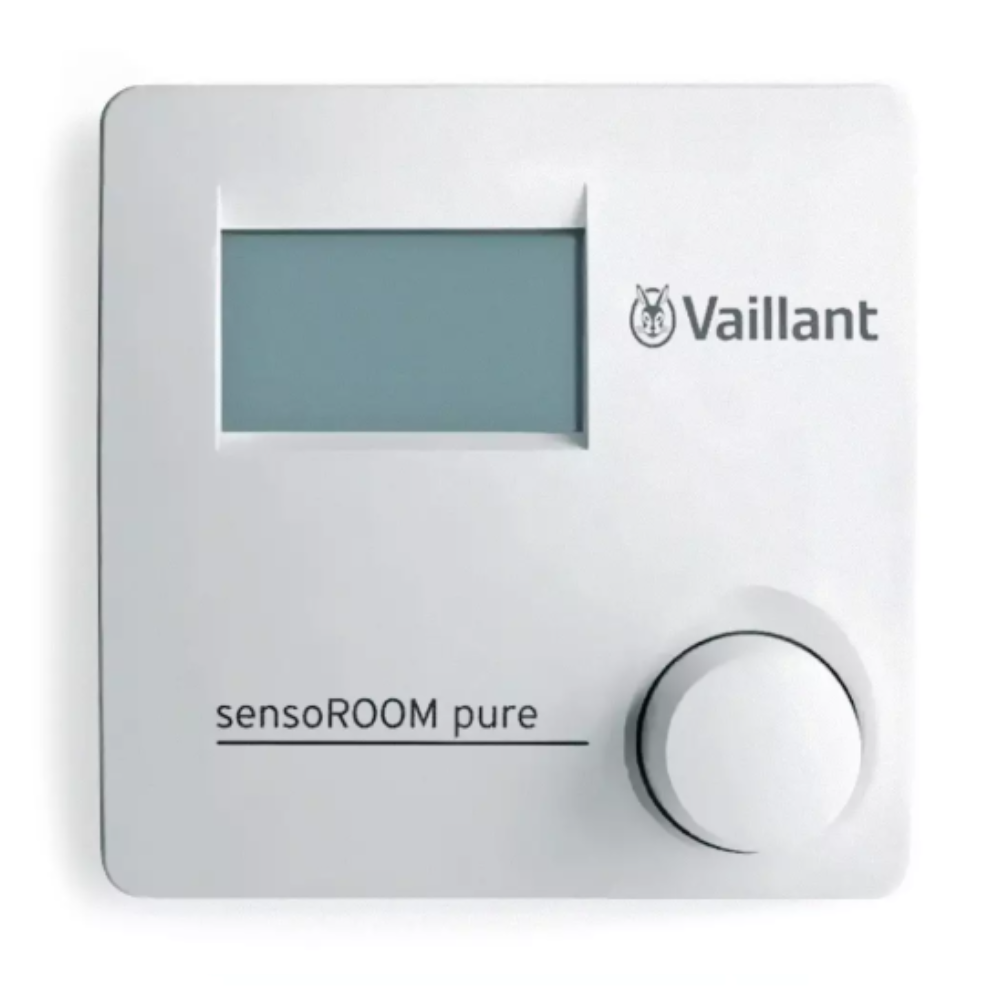 Un termostato blanco sensoROOM pure. Tiene una pantalla, un dial y el logotipo de Vaillant.