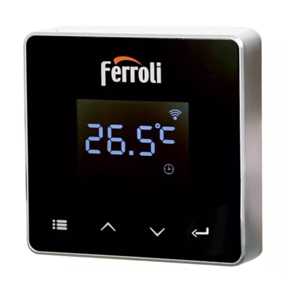 Un termostato Ferroli muestra 26.5°C en una pantalla negra. Tiene un símbolo de Wi-Fi y botones de control. El marco es plateado.
