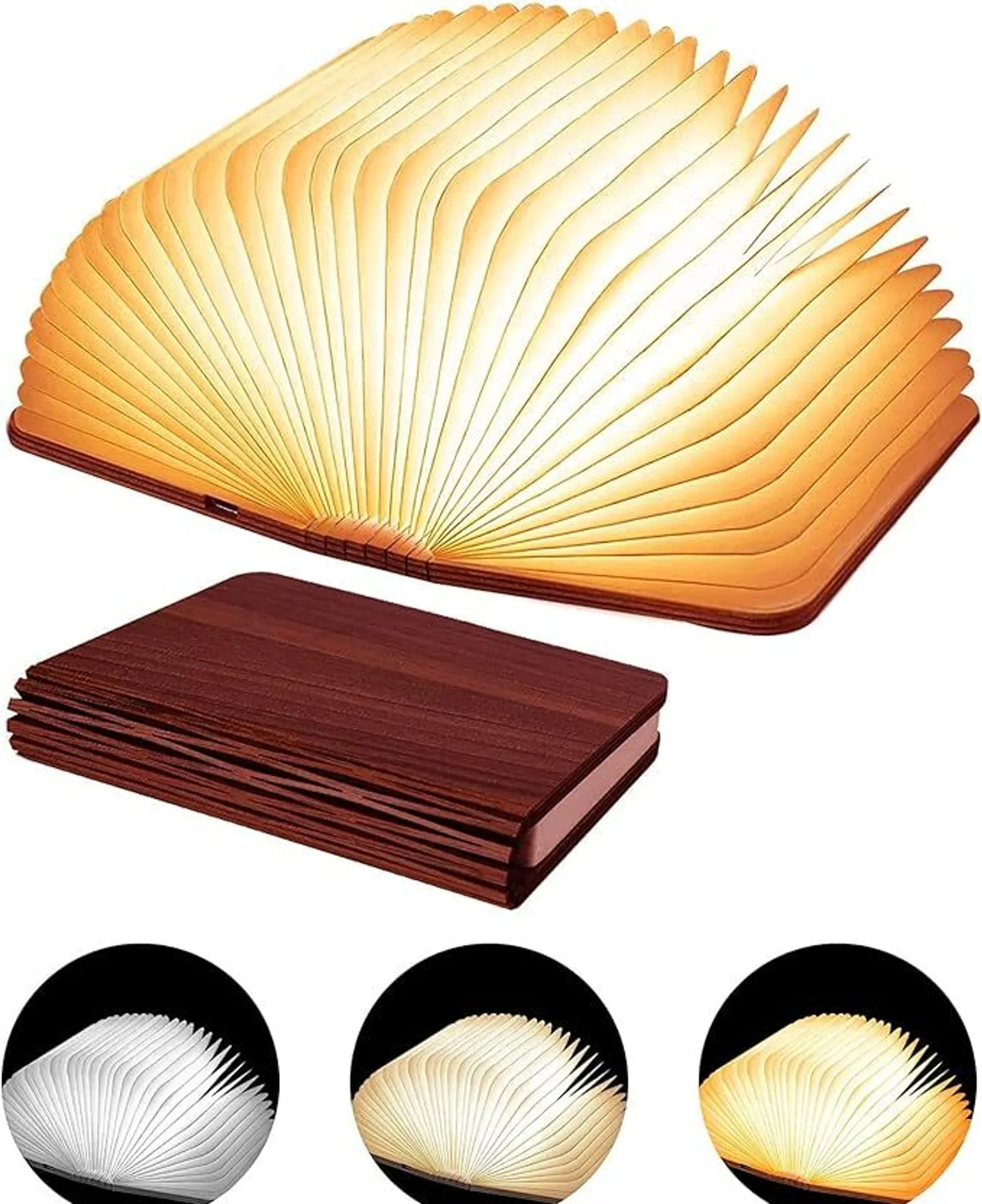 Eine holzfarbene, buchförmige Lampe mit beleuchteten Seiten, geöffnet über einem geschlossenen Buch. Drei kleine runde Vorschauen des Lichts.
