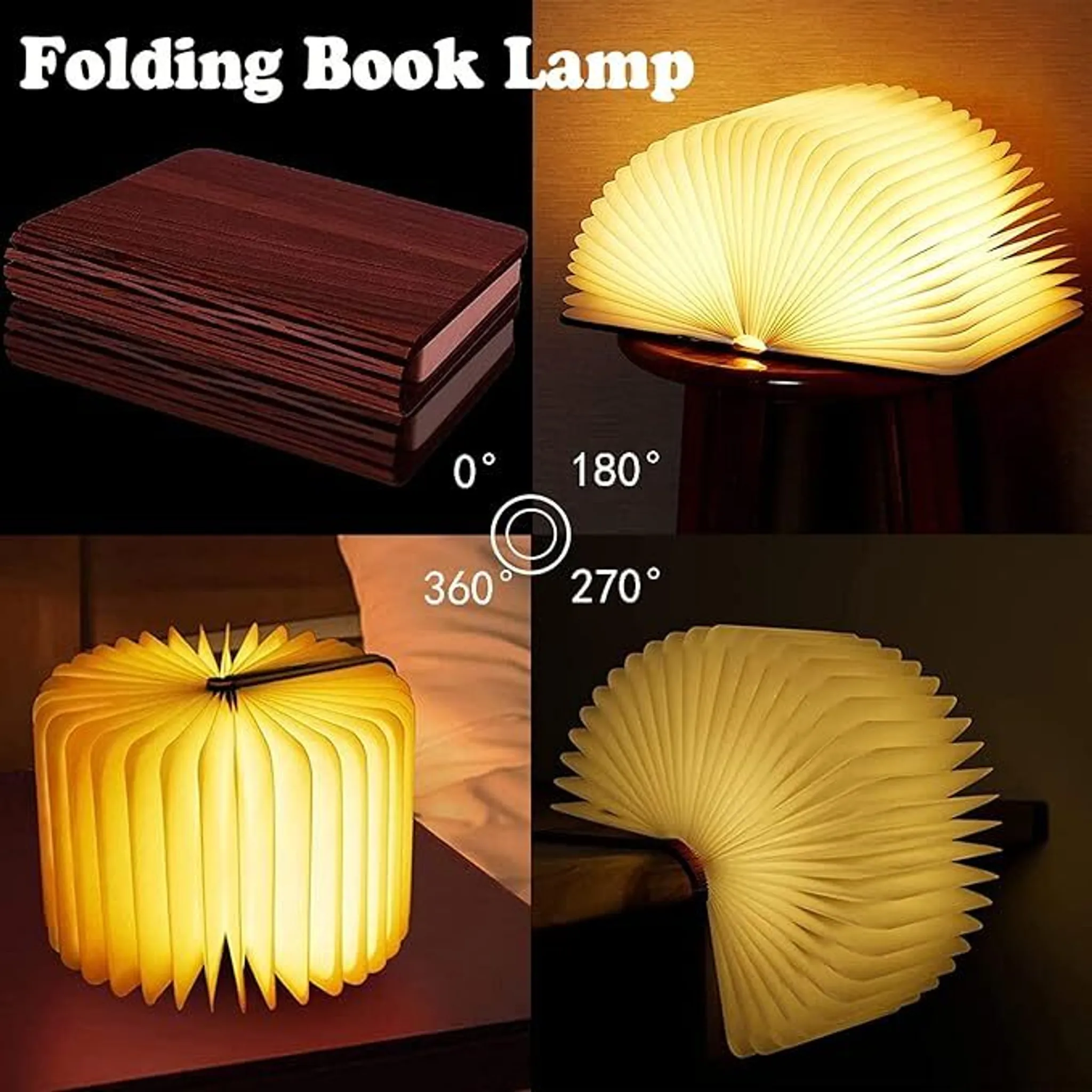 Eine faltbare Buchlampe in verschiedenen Positionen. Die Lampe besteht aus Holz und strahlt ein warmes Licht aus.