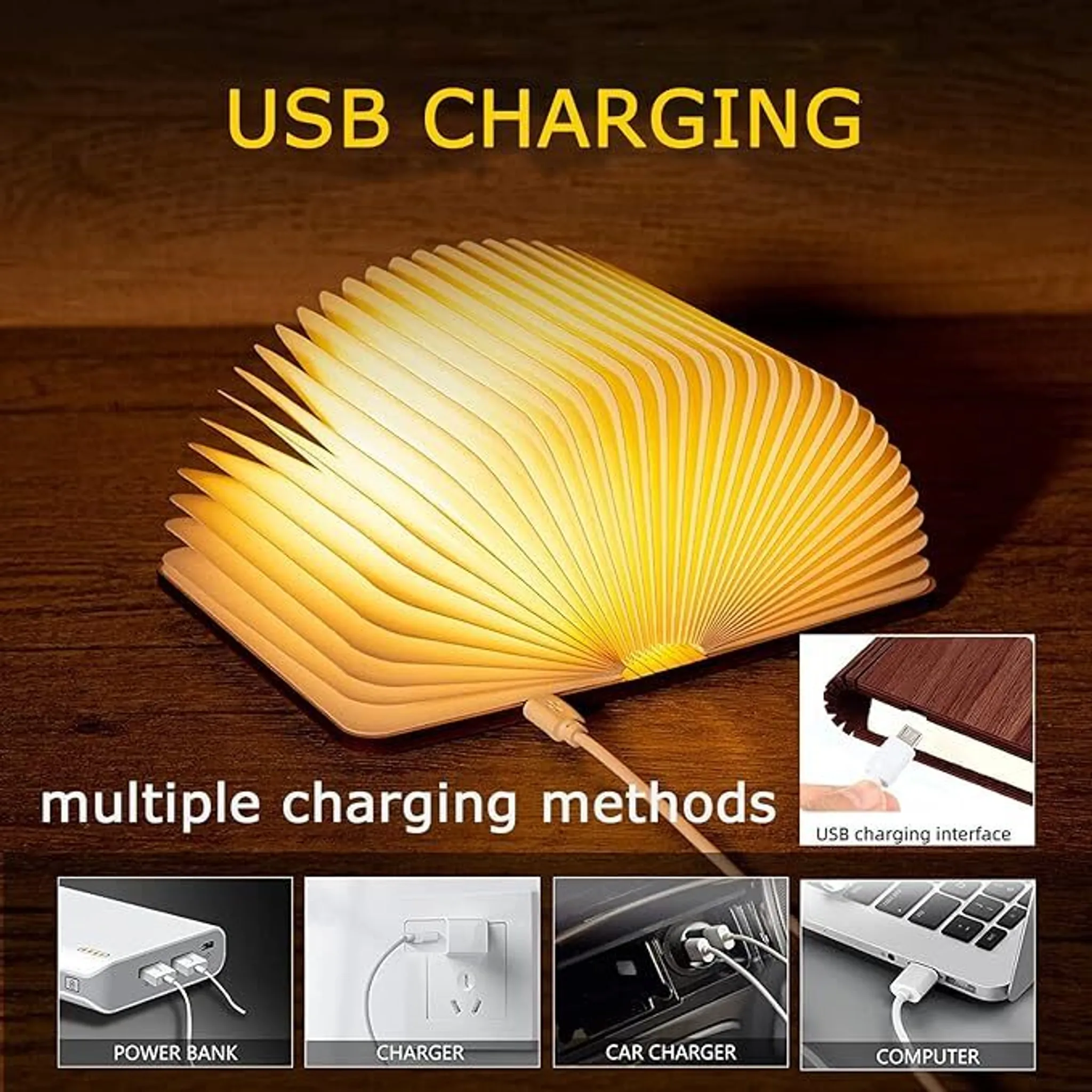 Eine leuchtende, buchförmige Lampe ist mit einem USB-Kabel verbunden. Mehrere Lademethoden sind in kleineren Bildern unten gezeigt.