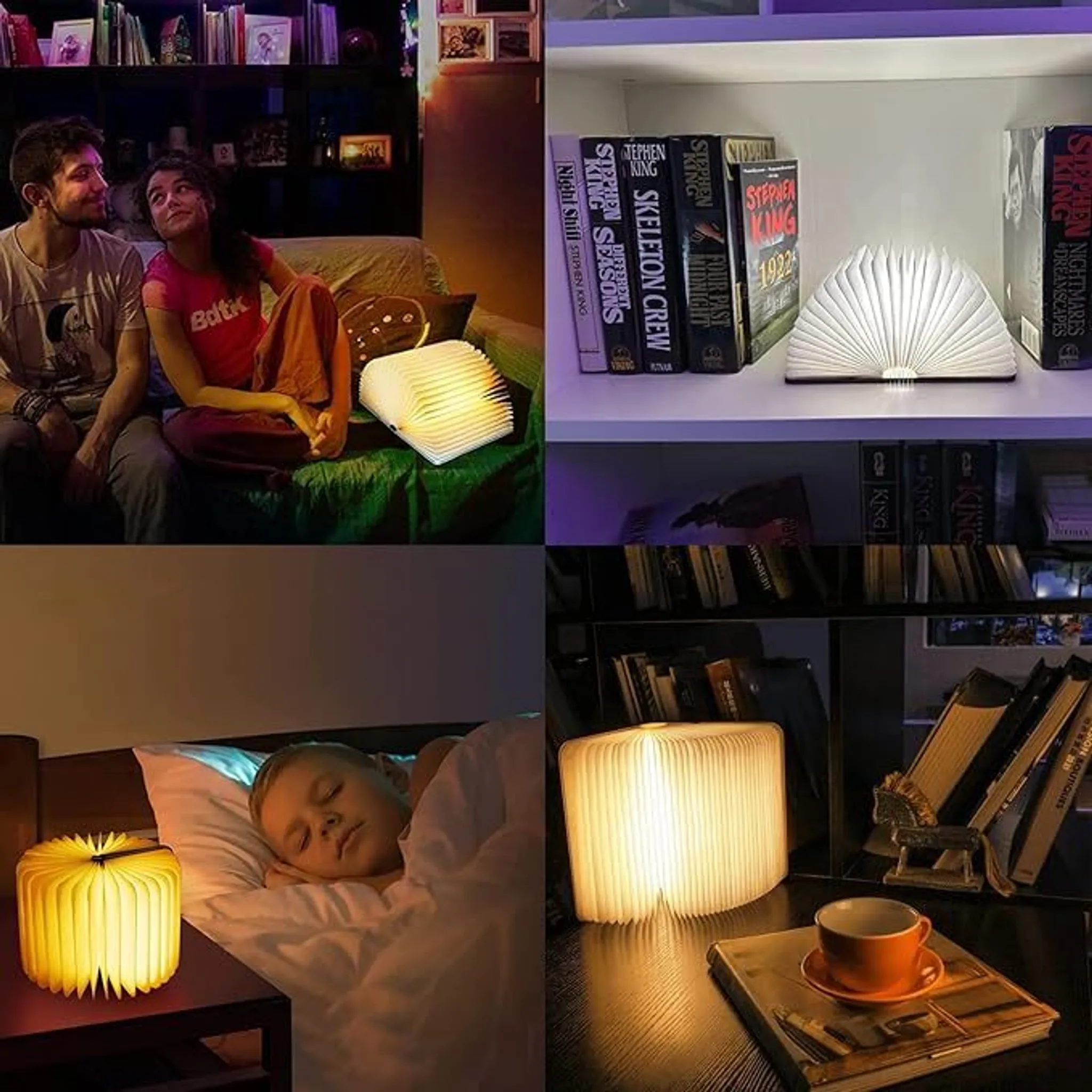 Eine Collage, die ein Paar, ein schlafendes Kind und buchförmige Lampen zeigt. Bücherregale und eine Kaffeetasse sind ebenfalls sichtbar.