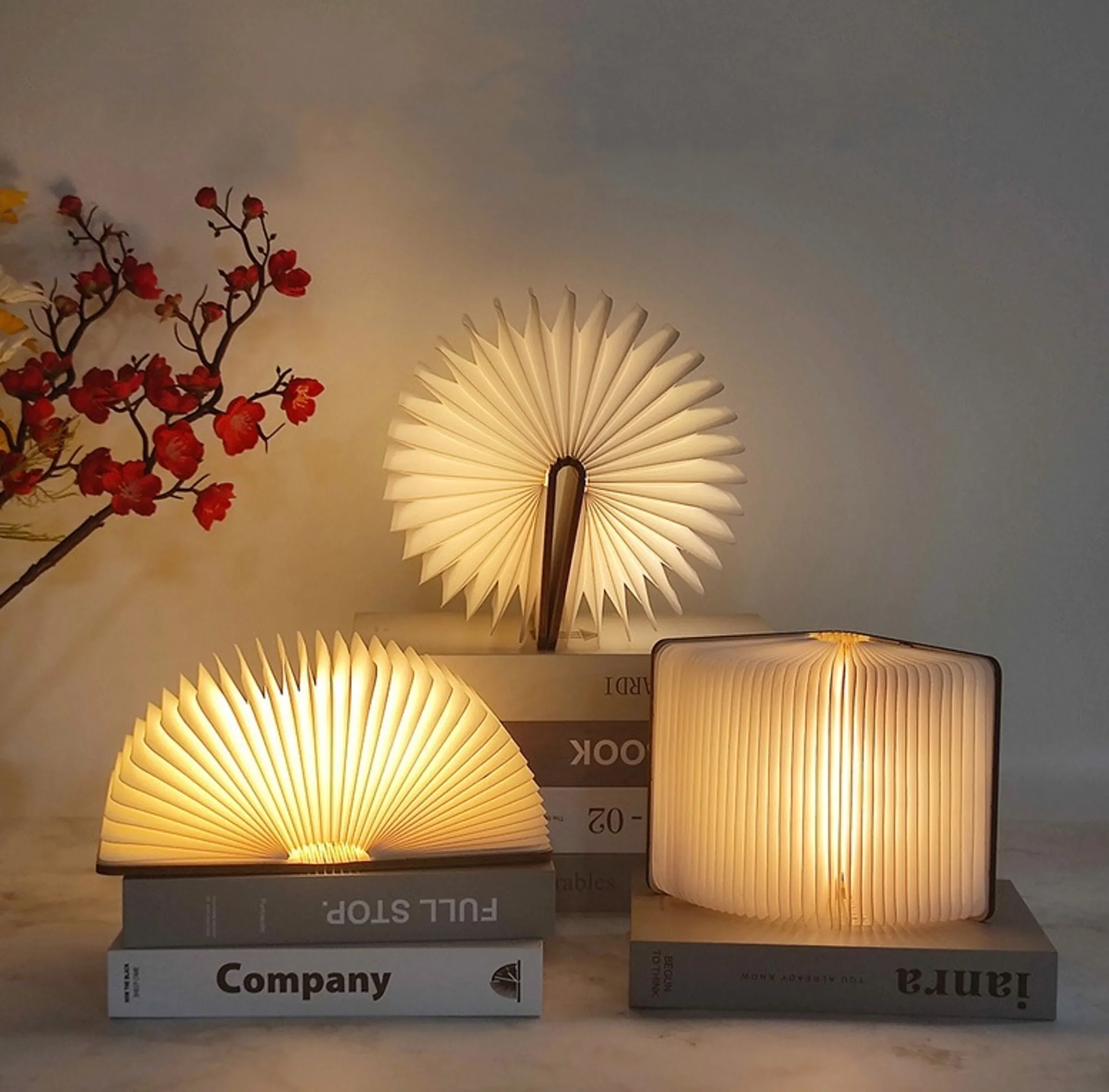 Drei buchförmige Lampen stehen auf Büchern, mit einem roten Blumenast. Die Lampen sind offen und strahlen warmes Licht aus.
