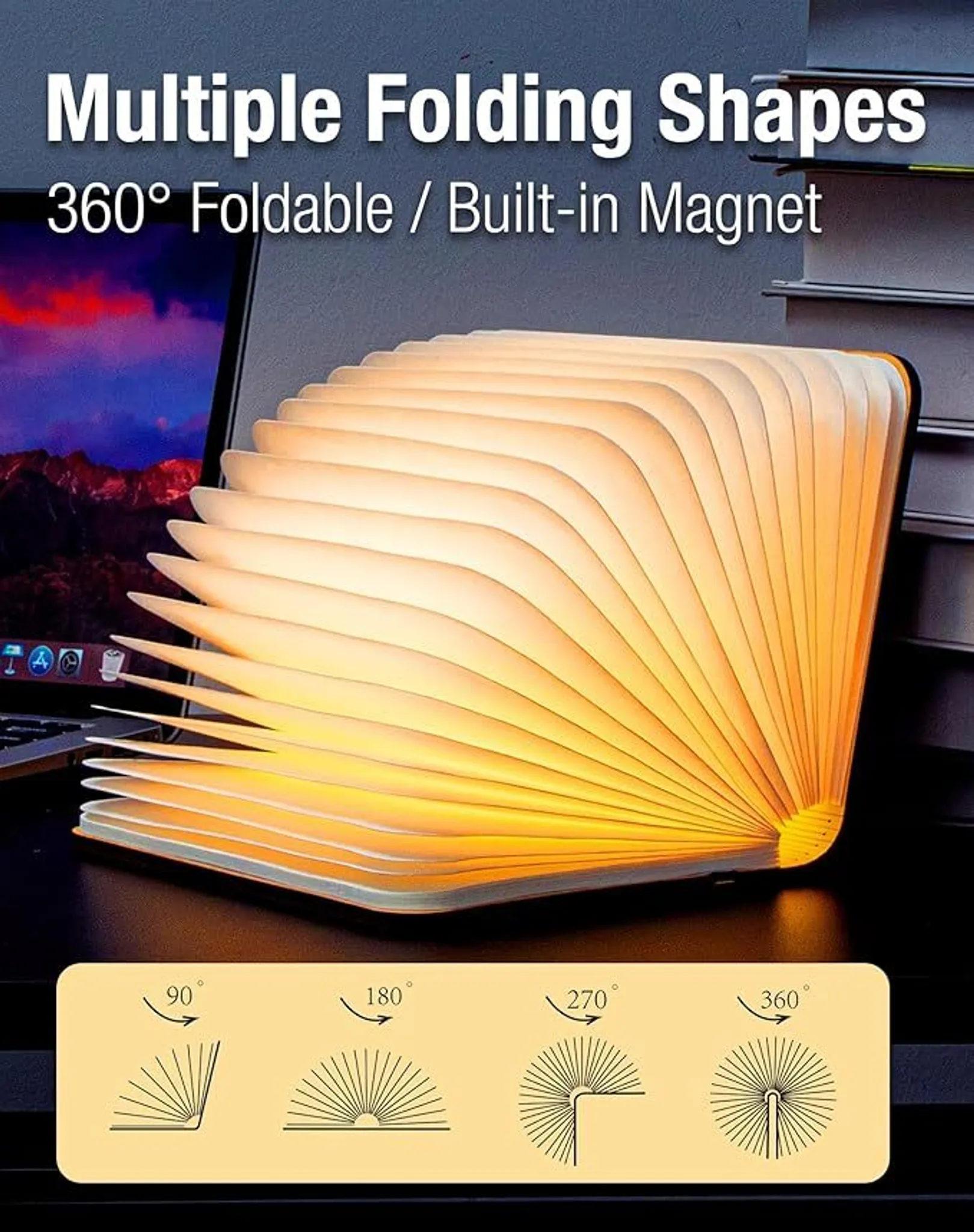 Eine offene, leuchtende Buchlampe. Sie steht auf einem Schreibtisch mit Laptop. Diagramme zeigen Faltwinkel.