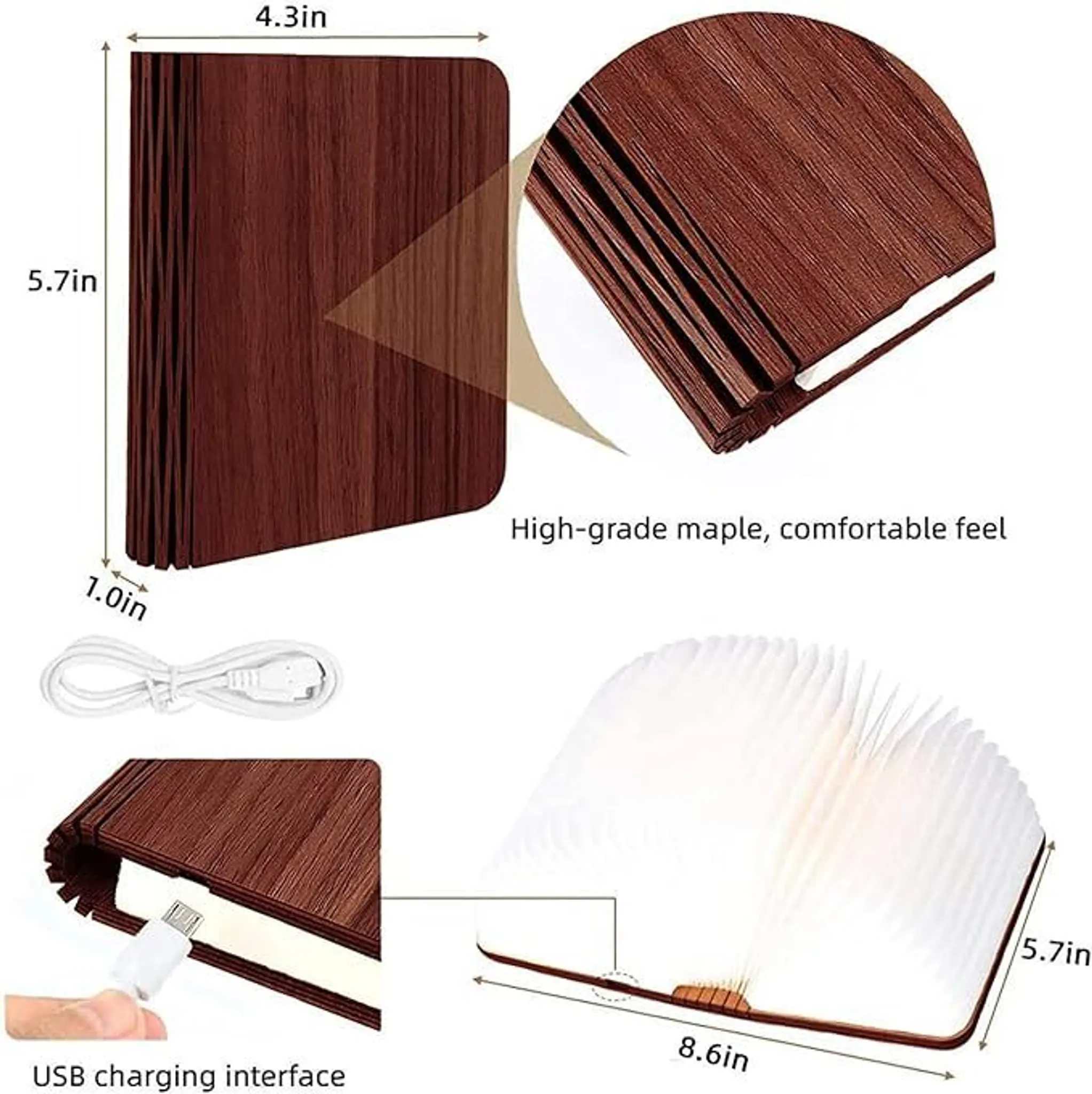 Eine holzfarbene, buchförmige Lampe, geschlossen und geöffnet. USB-Kabel und Ladeschnittstelle sichtbar. Text: Hochwertiges Ahorn, angenehmes Gefühl.