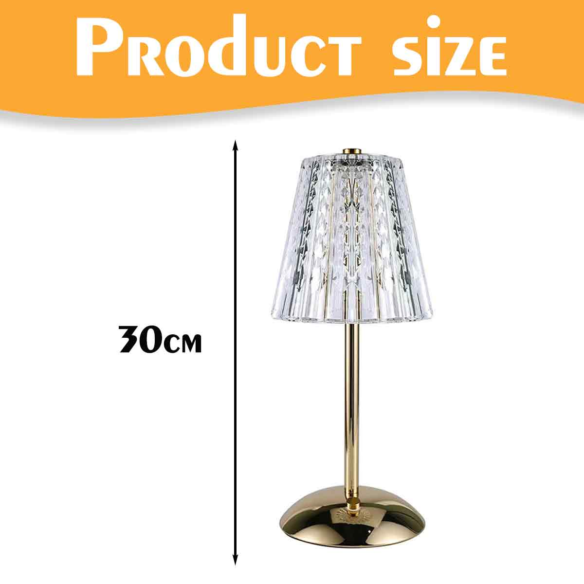 Eine goldene Lampe mit Kristallschirm. Die Größe beträgt 30 cm, angezeigt durch einen Pfeil. Der Text 'Produktgröße' steht oben im Bild.