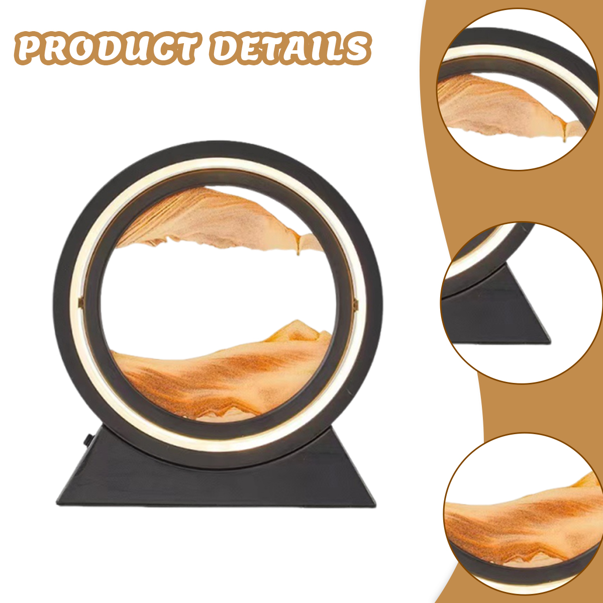 Eine Sandkunstlampe mit schwarzem Rahmen und Sockel. Der Sand ist orange und gelb. Oben steht "PRODUCT DETAILS".