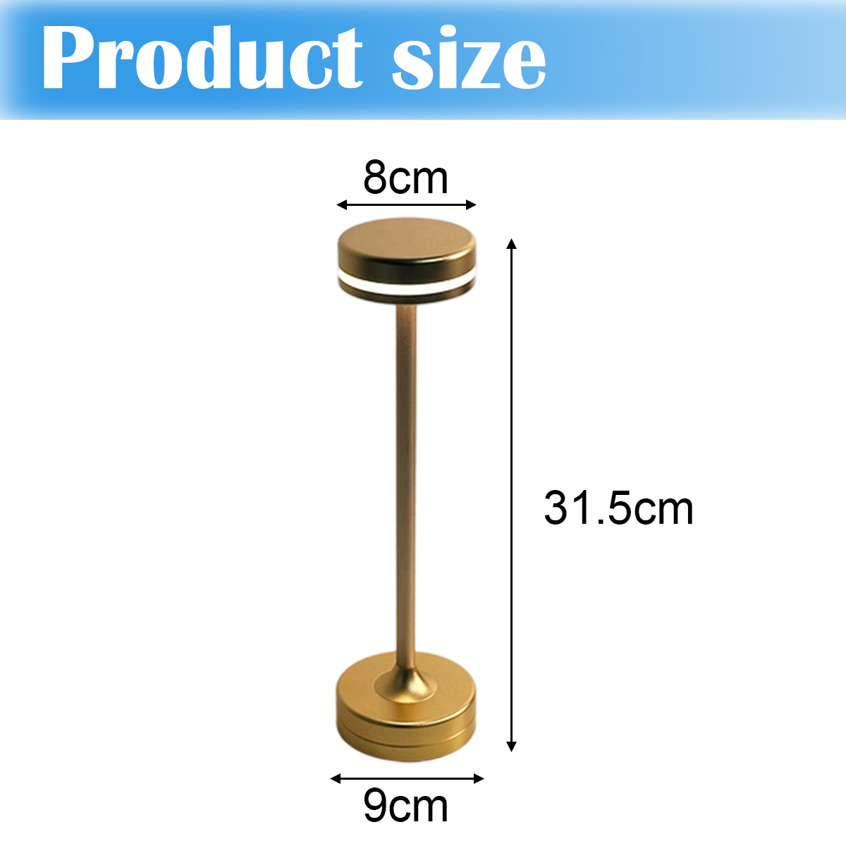 Eine goldene Lampe mit den Maßen: 8 cm für die Oberseite, 9 cm für die Basis und 31,5 cm hoch. Die Lampe steht auf weißem Hintergrund.