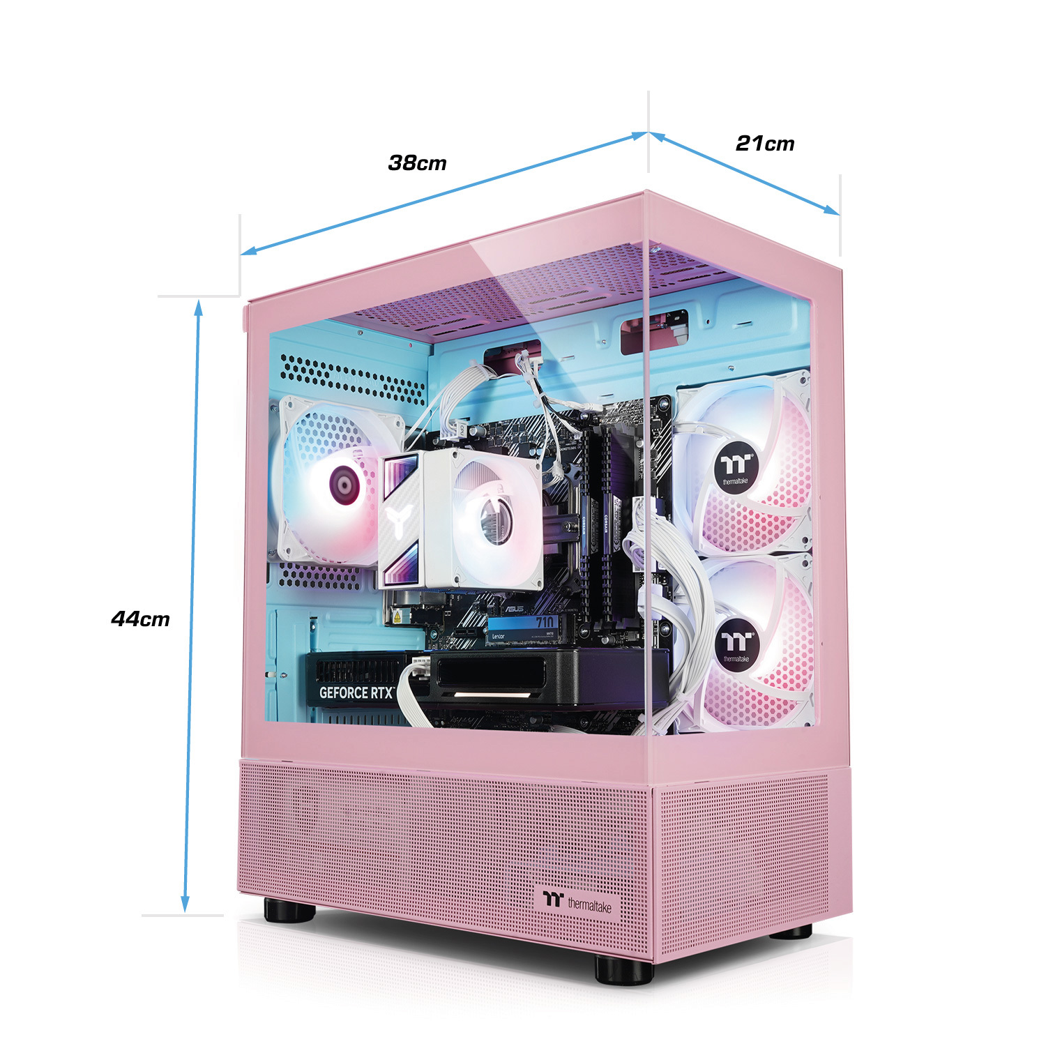 Roze computerkast met glazen paneel. Interieur met componenten, verlichte ventilatoren. Afmetingen: 44cm hoog, 38cm breed, 21cm diep.