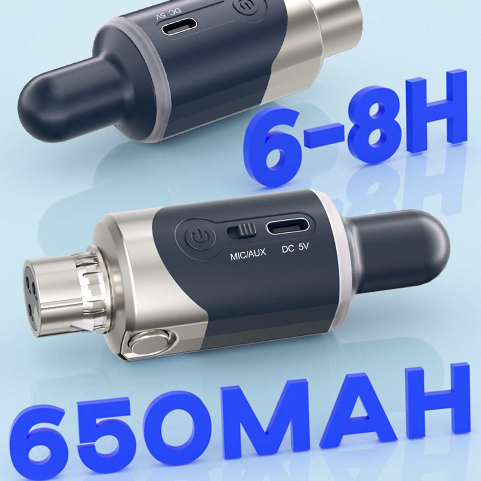Zwei schwarze und silberne Audiogeräte. Blauer Text zeigt '6-8H' und '650MAH'. Hellblauer Hintergrund.