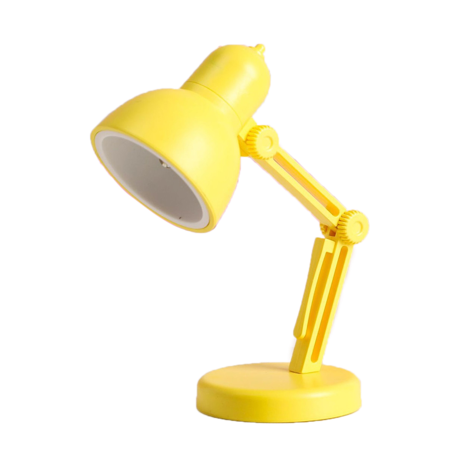 Eine gelbe Schreibtischlampe auf weißem Hintergrund. Sie hat einen verstellbaren Arm und einen kreisförmigen Fuß.