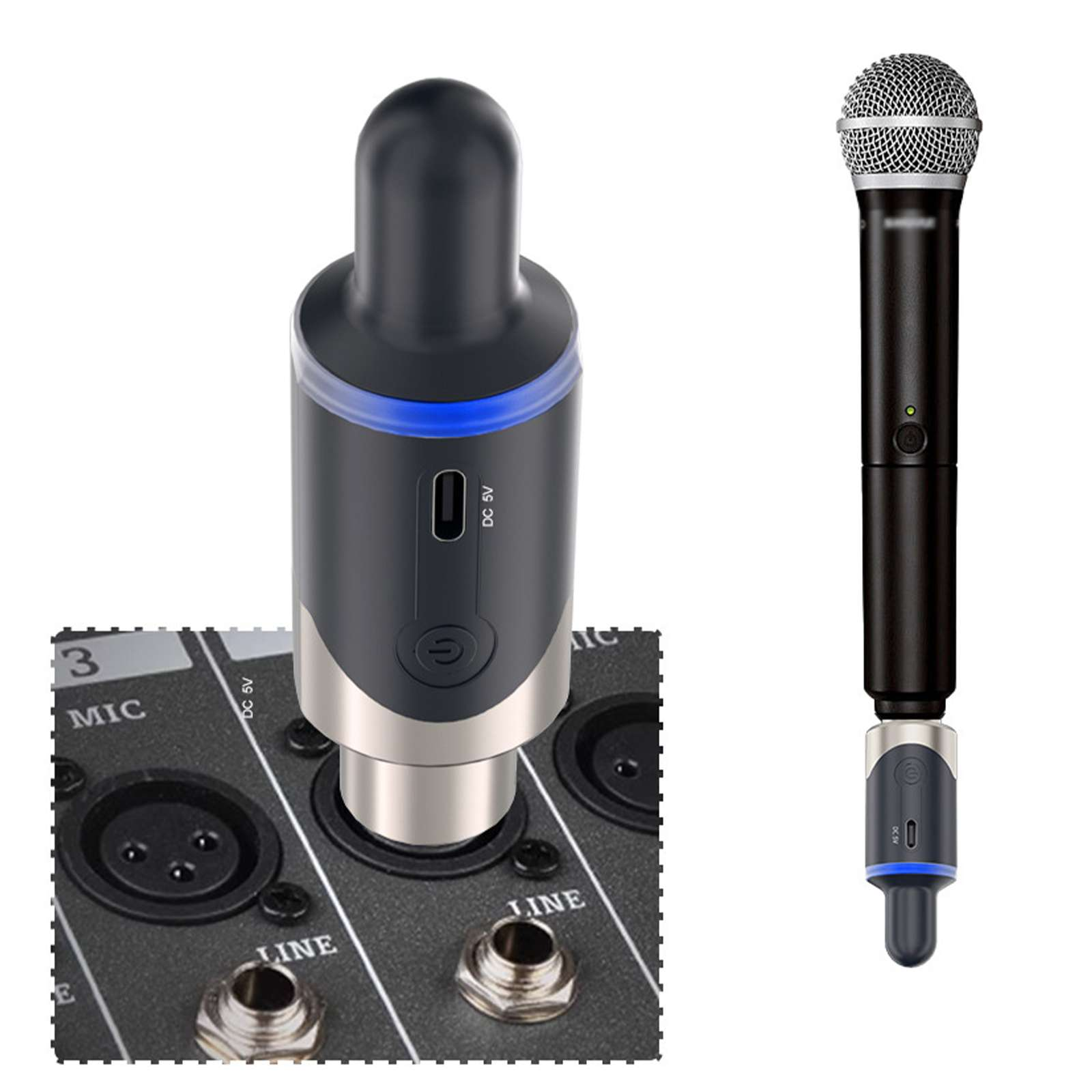 Ein drahtloses Mikrofonsystem mit einem Empfänger, der an einem Mixer angeschlossen ist, und einem separaten Mikrofon.