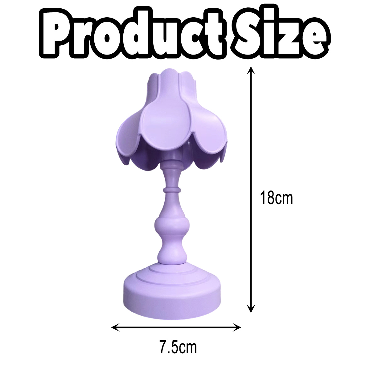 Eine lavendelfarbene Lampe mit gewelltem Schirm. Abmessungen: 18 cm Höhe, 7,5 cm Breite. Text oben lautet 'Produktgröße'.
