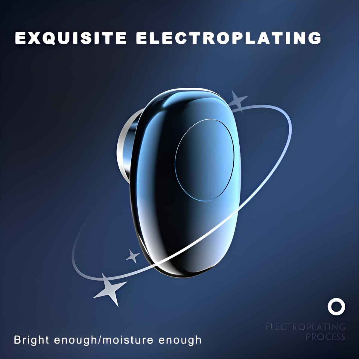 Ohrhörer auf blauem Hintergrund mit Text 'Exquisite Electroplating'. Weiße Linien und Sterne umgeben den Ohrhörer, mit Text 'Bright enough/moisture enough'.