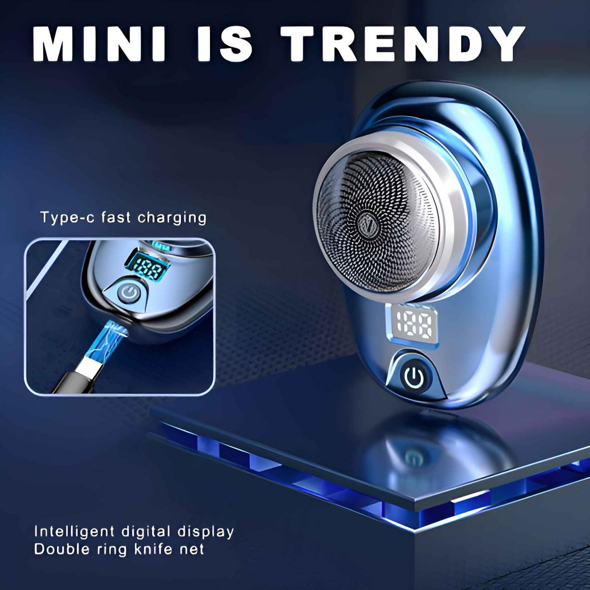 Blauer Elektrorasierer mit Digitalanzeige auf dunkler blauer Oberfläche. Text: 'MINI IS TRENDY', 'Type-c fast charging'.