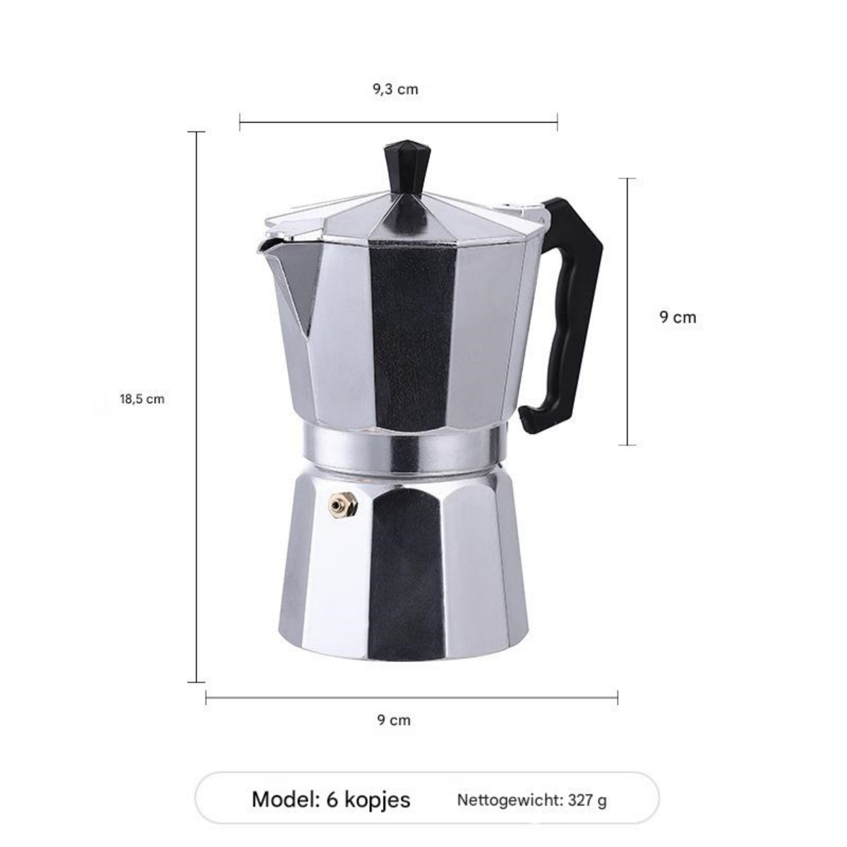 Eine silberne Kaffeemaschine mit schwarzem Griff und Deckel. Abmessungen sind mit Beschriftungen versehen. Text unten: 6-Tassen-Modell.