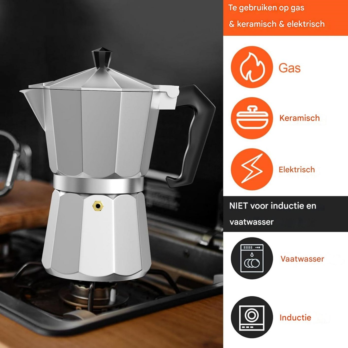 Silberner Espressokocher auf einem Gasbrenner. Text weist auf Gas, Keramik- und Elektroherde hin, nicht Induktion oder Spülmaschine.