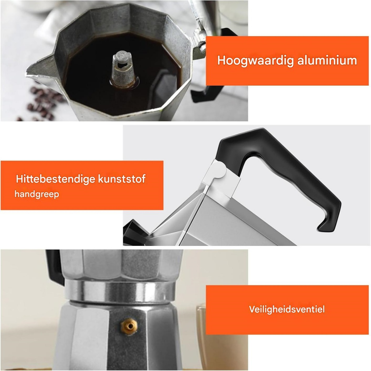 Nahaufnahme einer silbernen Kaffeemaschine. Niederländische Texte beschreiben Merkmale: hochwertiges Aluminium, hitzebeständiger Griff und Sicherheitsventil.