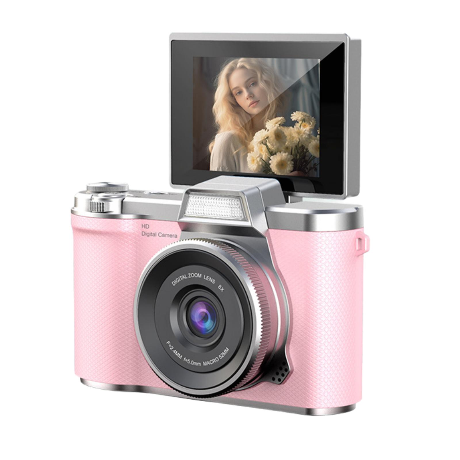 Rosa Digitalkamera mit Bildschirm, auf dem eine blonde Frau mit Blumen zu sehen ist. Die Kamera hat ein Zoomobjektiv und einen Blitz.