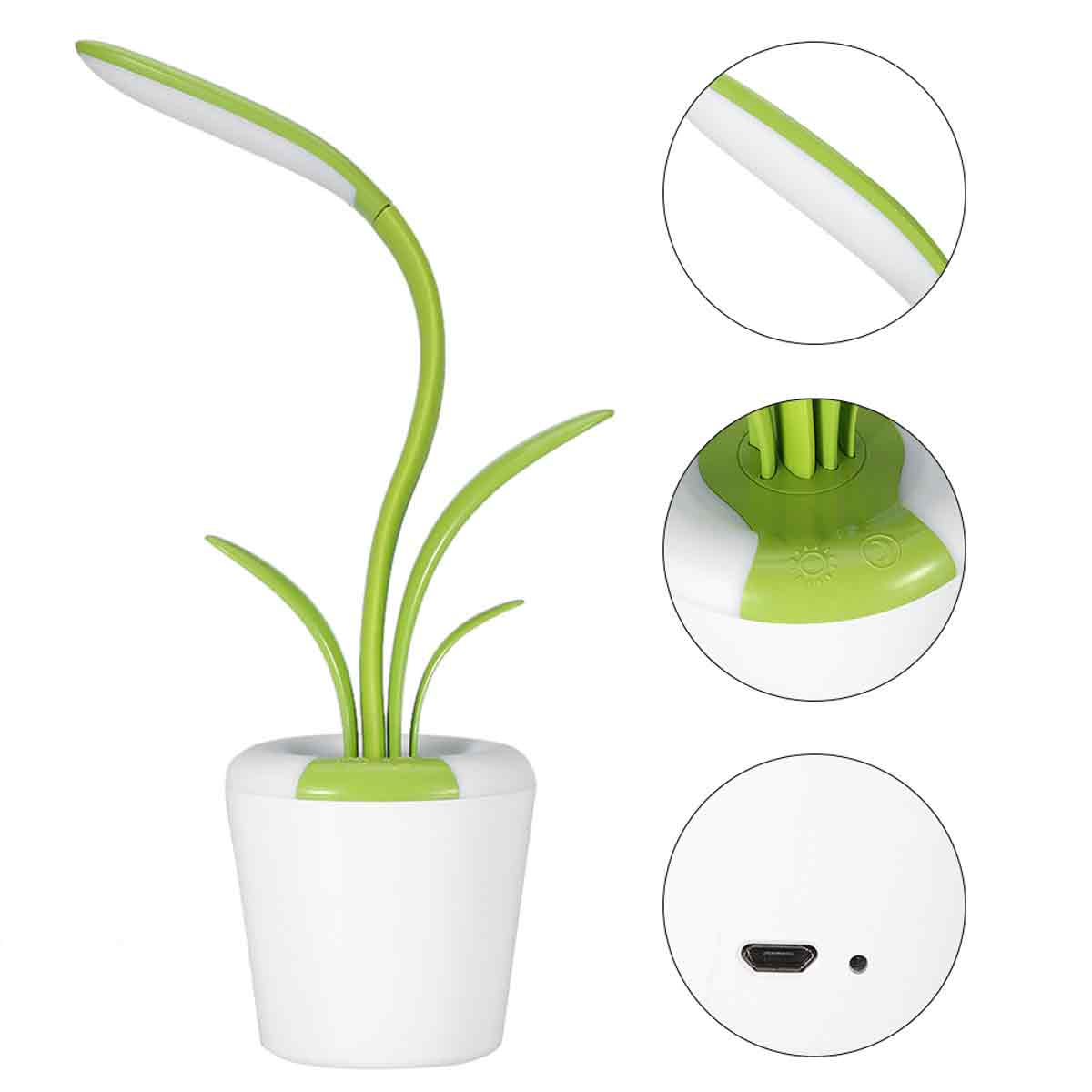 Eine weiß-grüne Schreibtischlampe, die einer Pflanze ähnelt. Die Lampe hat einen gebogenen Arm und einen kleinen Sockel mit USB-Anschluss.